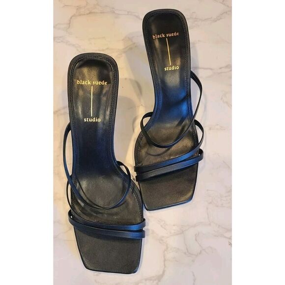BLACK SUEDE STUDIO Felicity Women's Black Leather Heels, 2½" Y2K Strappy | 8B - Picture 10 of 15